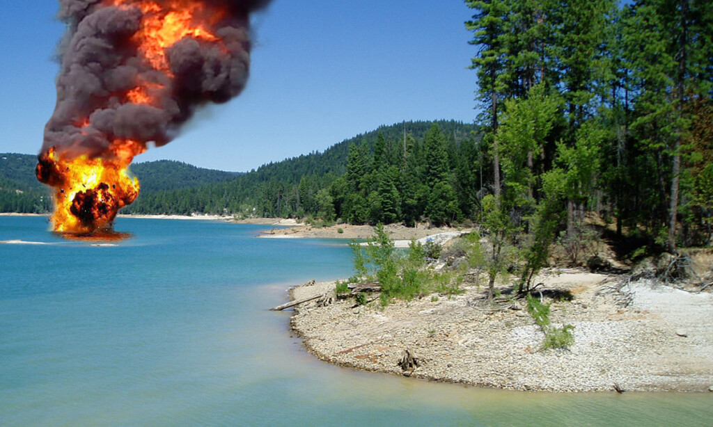 This photo was taken seconds after the explosion on Scotts Flat Lake. The Family was carted away by State and Federal officials.